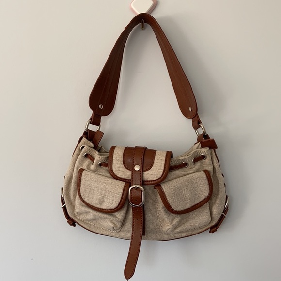 Vgt Y2K Brown & Cream Linen Baguette Shoulder Bag - Picture 1 of 16